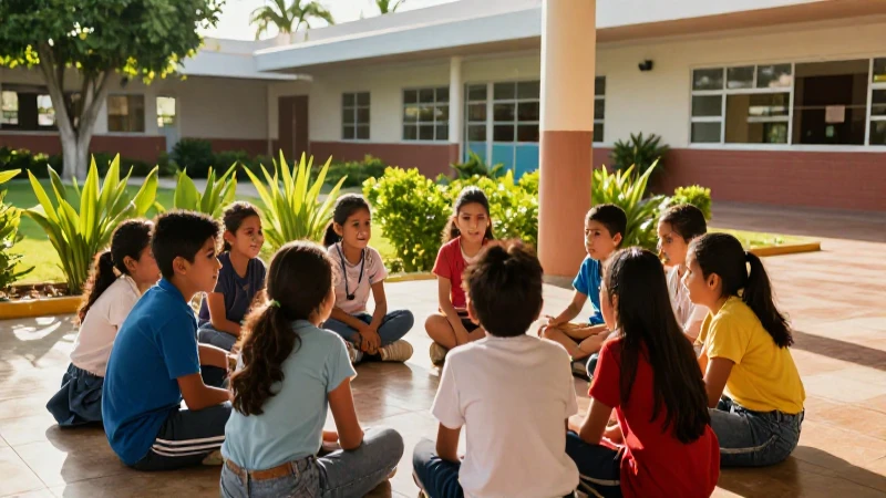Patio: Definición, Características y Concepto de Patios 9 Estudiantes mexicanos discuten en un patio soleado y vibrante