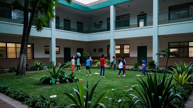 Patio: Definición, Características y Concepto de Patios 8 Niños colaboran en patio escolar mexicano moderno