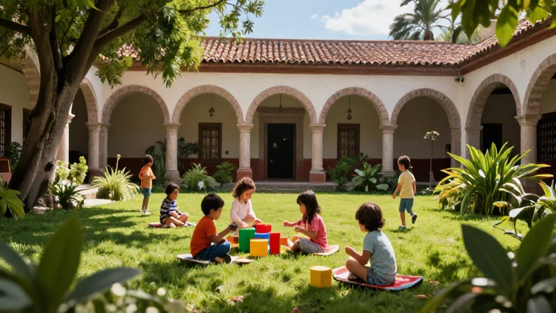 Patio: Definición, Características y Concepto de Patios 6 Niños aprendiendo en patio escolar mexicano