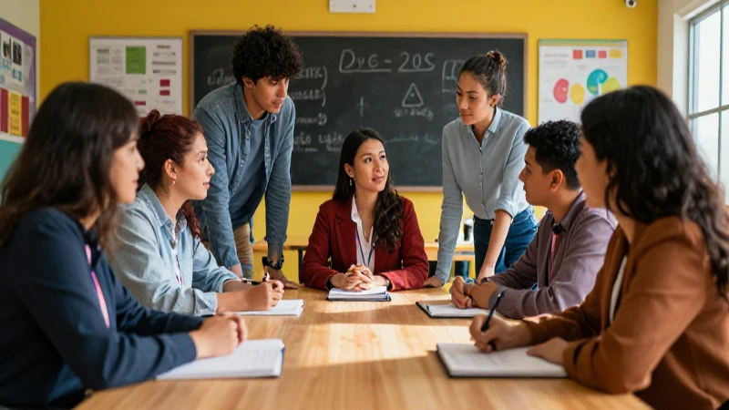 Docentes colaboran en un aula vibrante y moderna