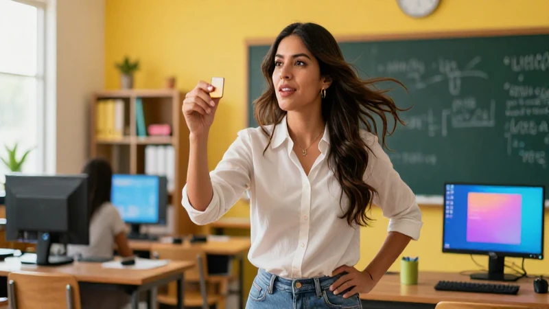Maestra mexicana apasionada en aula moderna