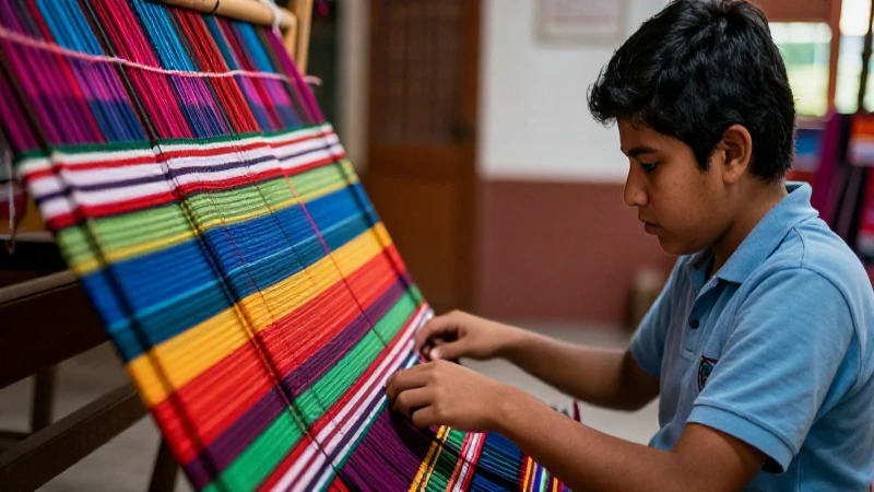 Joven mexicano observa tejido ancestral colorido