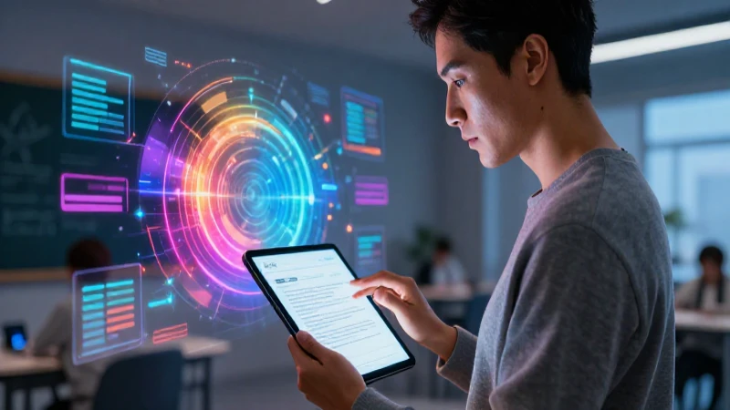 Educadora revisa feedback digital en tablet vibrante