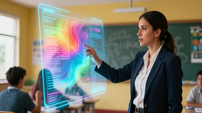 Educador revisando rúbrica holográfica en aula mexicana moderna
