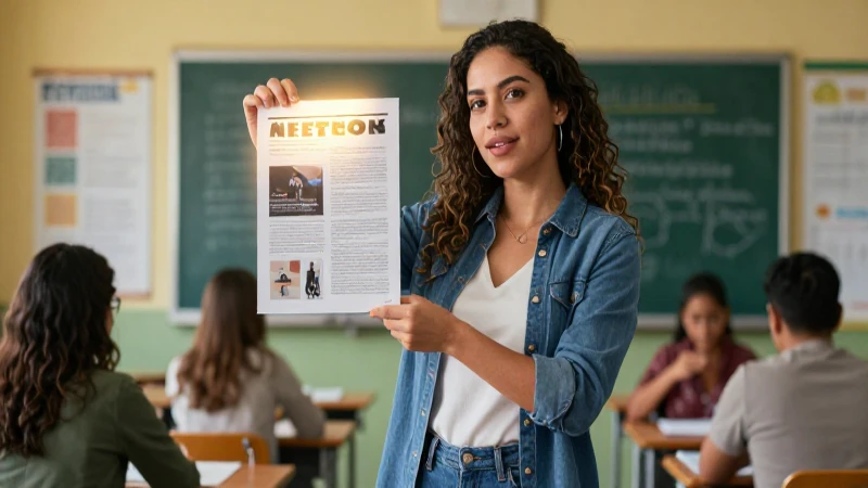 Profesora mexicana con guía de evaluación en clase moderna