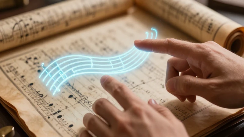 Pautas: Definición y Utilidad en la Música Contemporánea 3 Manos tocan música holográfica sobre pergamino antiguo