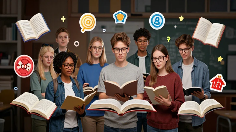 Estudiantes interactúan con ilustración educativa vibrante
