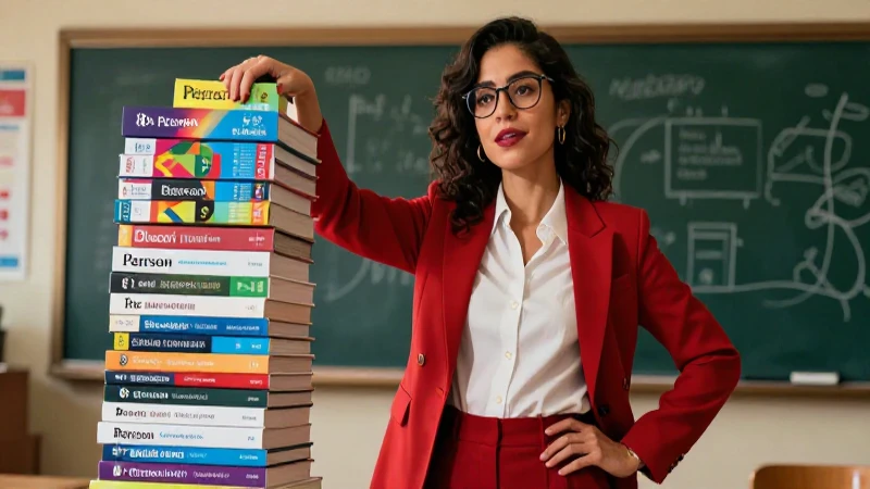 Profesional educadora muestra textos Pearson vibrantes