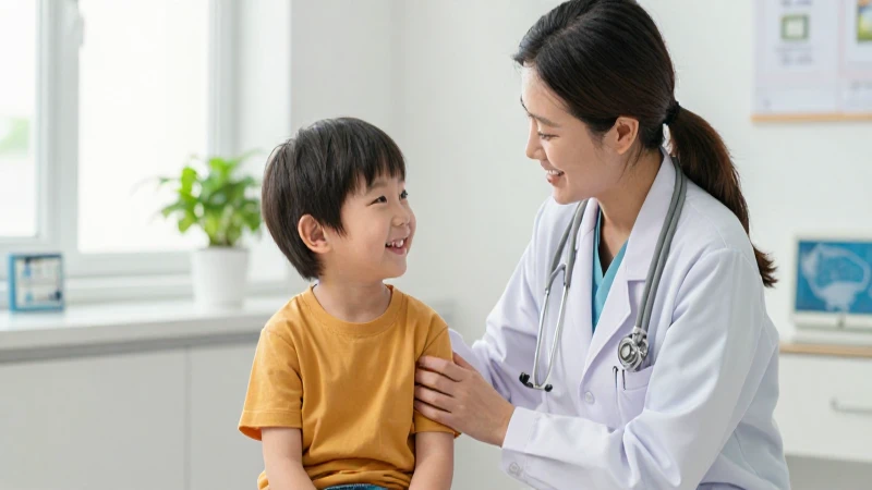 Niño sonriente feliz en consulta pediátrica luminosa