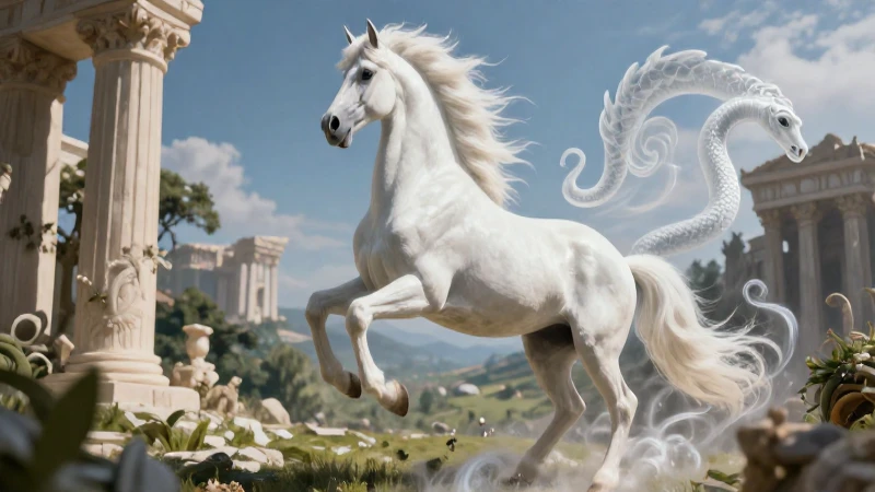Pegasos: Definición y Concepto de esta Mítica Criatura 3 Pegaso majestuoso con sombras de Medusa