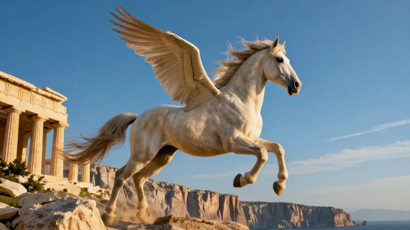 Pegasos: Definición y Concepto de esta Mítica Criatura 4 Pegaso majestuoso sobre dramáticos acantilados griegos