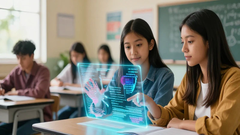 Estudiante en clase con código holográfico
