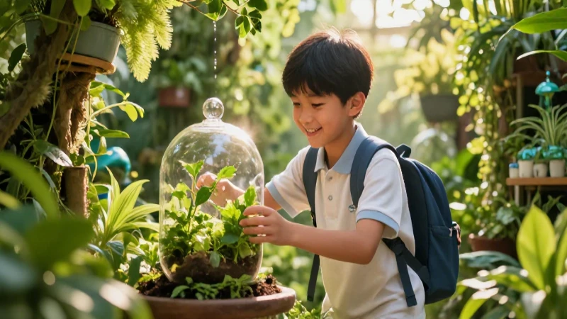 Estudiante cuida jardín ecológico vibrante