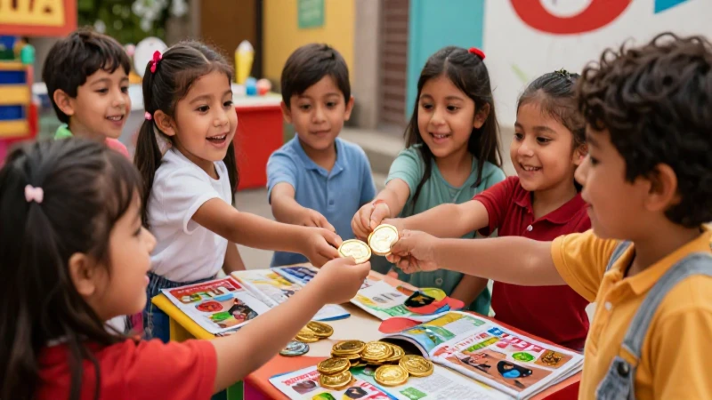Qué actividades de monedas son adecuadas para preescolar 6 Niños mexicanos juegan en mercado vibrante y detallado