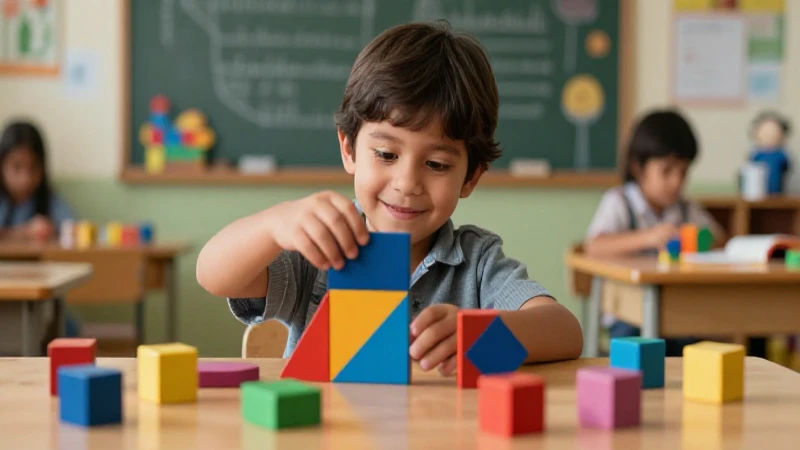 Niño mexicano alegre explorando formas geométricas coloridas