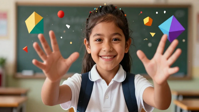 Estudiante sonriendo con conceptos geométricos vibrantes
