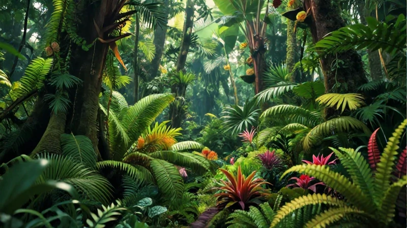 Ecosistema tropical vibrante e hiperrealista