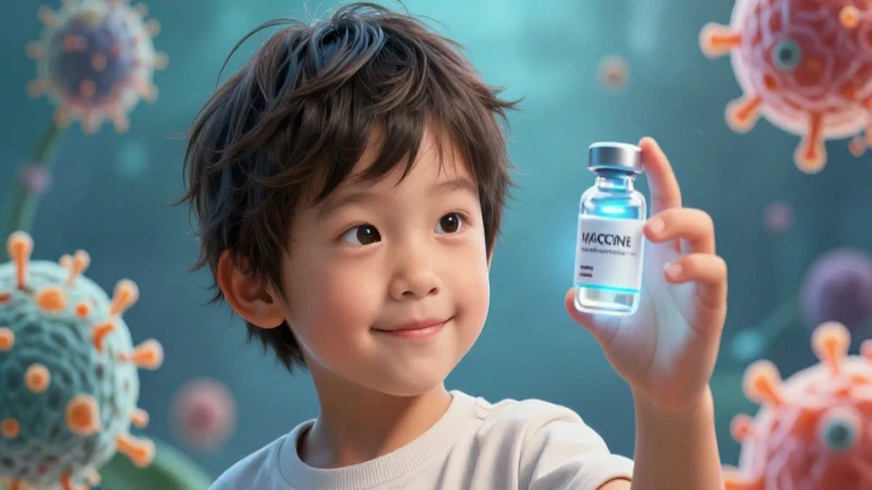 Niño saludable mostrando un vial de vacuna