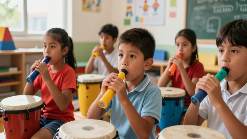 Percusión: Definición, concepto y su importancia musical 6 Niños mexicanos felices tocan percusión en aula iluminada