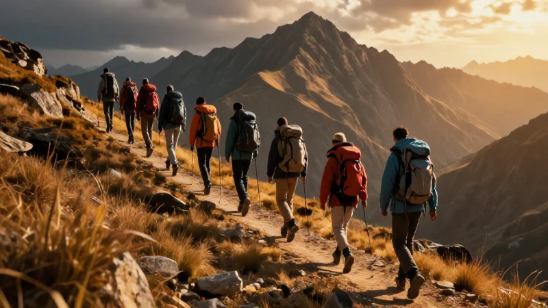 Peregrinos escalando montaña al atardecer épico