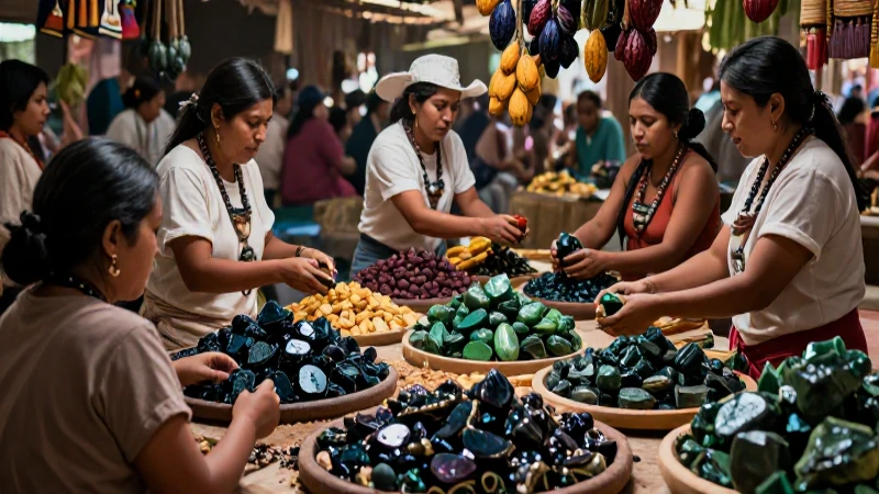 Mercado mesoamericano vibrante de comercio de cacao