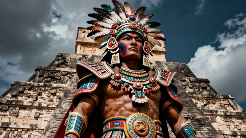 Guerrero mesoamericano divino ante pirámide