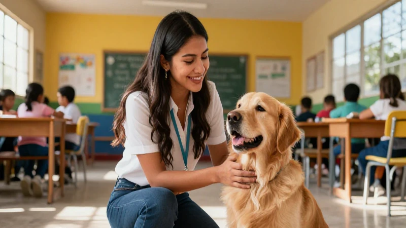 Educador y golden retriever en vibrante escuela mexicana