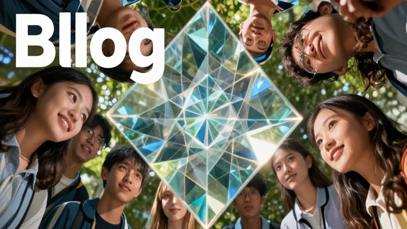 Perspectiva: Qué es, definición y concepto clave explicado 3 Estudiantes interactúan con un prisma dinámico y brillante