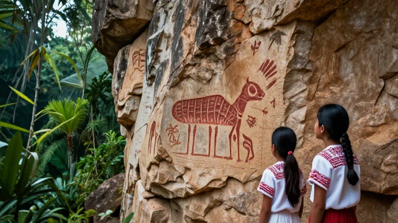 Estudiante observa petroglifos en jungla vibrante