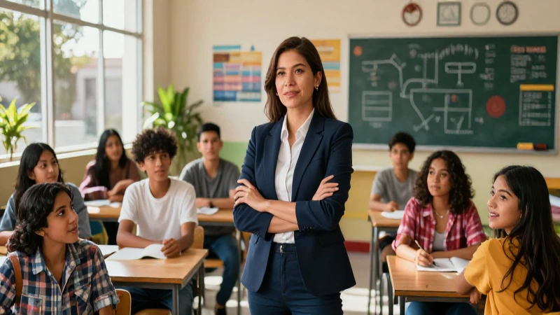 Educación esencial en la nueva escuela mexicana 4 Educadora mexicana enseña a estudiantes diversos en un entorno moderno