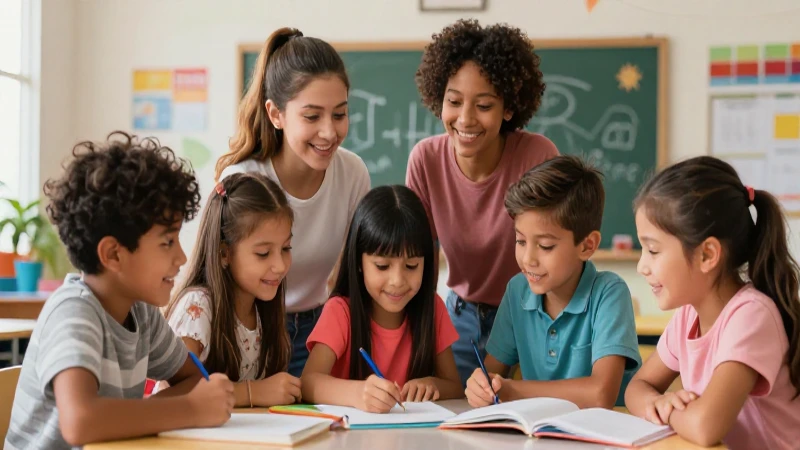 Niños sonrientes colaboran en un aula moderna