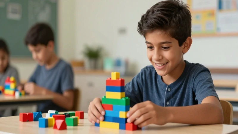 Estudiante sonriente y bloques de programación vibrantes