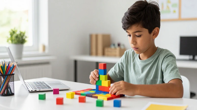 Estudiante programando con bloques coloridos modernos