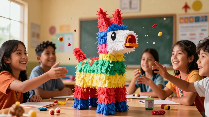 Piñata: Origen, definición y concepto en la tradición 6 Piñata decorada con estudiantes en clase vibrante