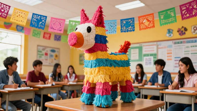 Piñata: Origen, definición y concepto en la tradición 5 Piñata mexicana en aula educativa vibrante