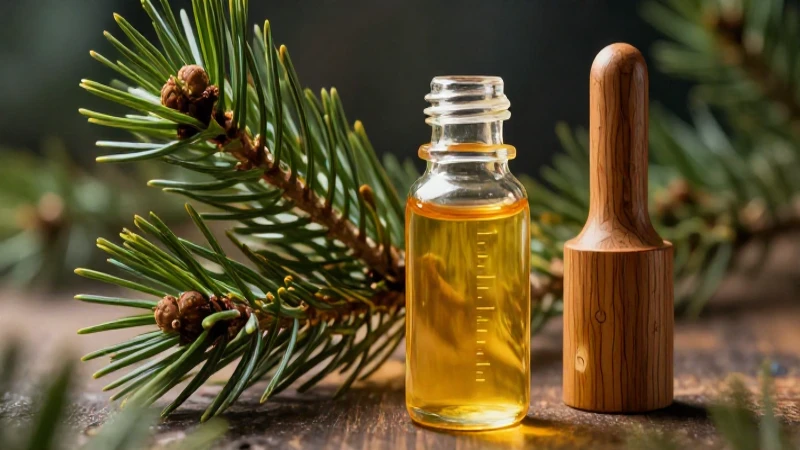 Aceite esencial dorado sobre rama de pino
