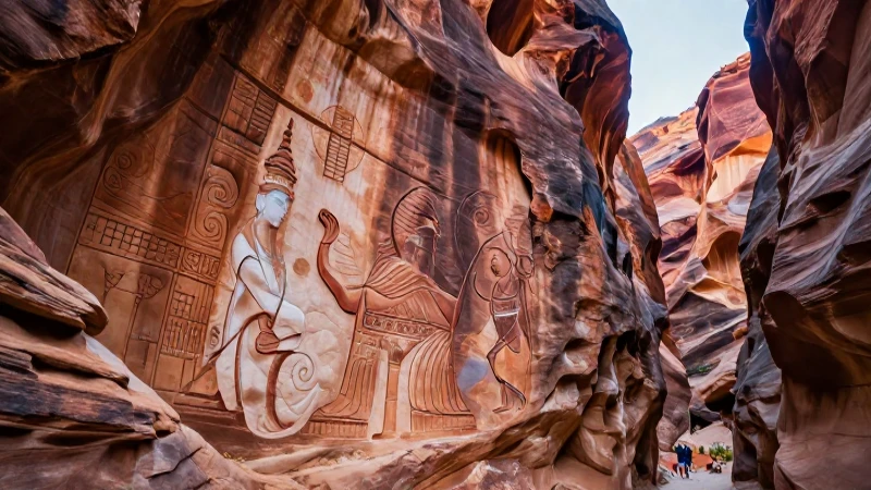 Arte rupestre detallado en cañón con iluminación dramática