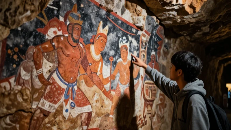 Estudiante señala mural de cueva dramático