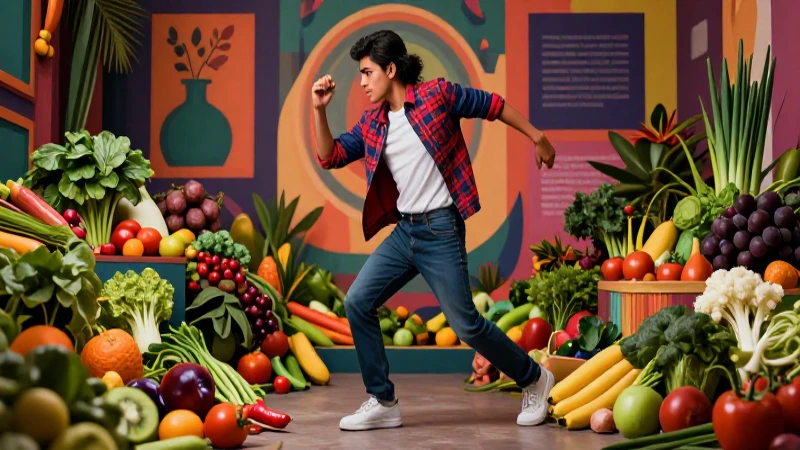 Joven mexicano y alimentos frescos vibrantes