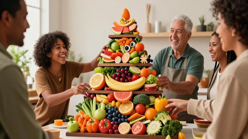 Pirámide de alimentos diversa, estilo educativo moderno