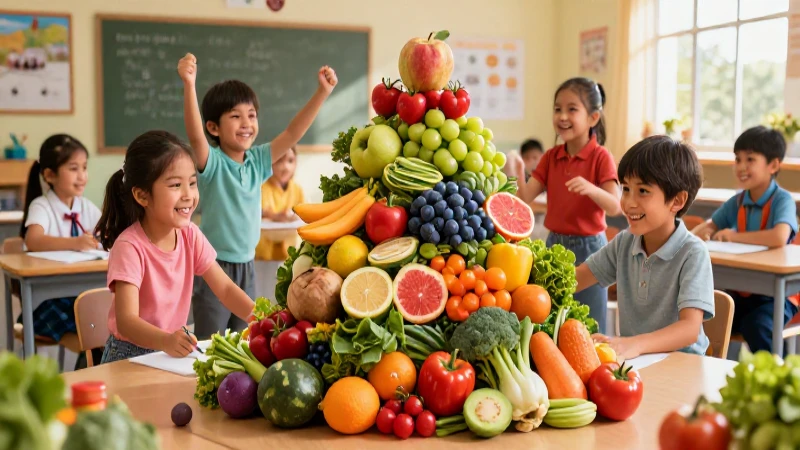 Niños mexicanos felices con pirámide de alimentos