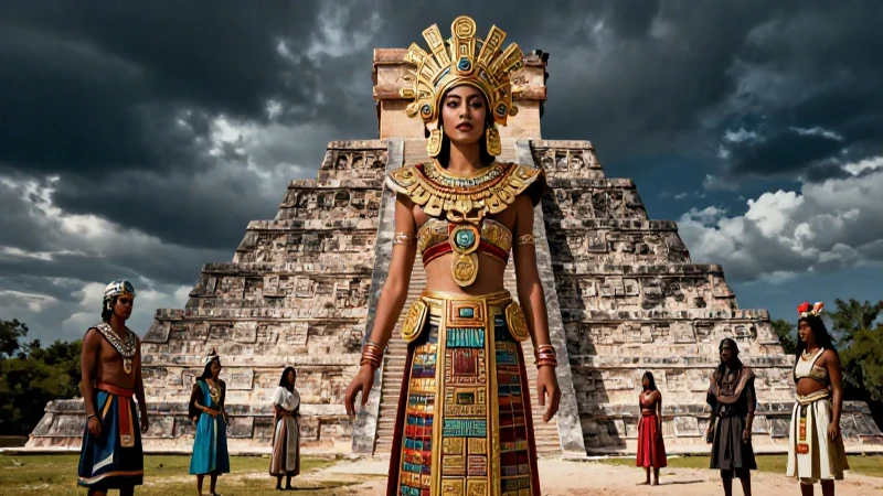 Mujer azteca en pirámide, reflejo de su poder y sociedad
