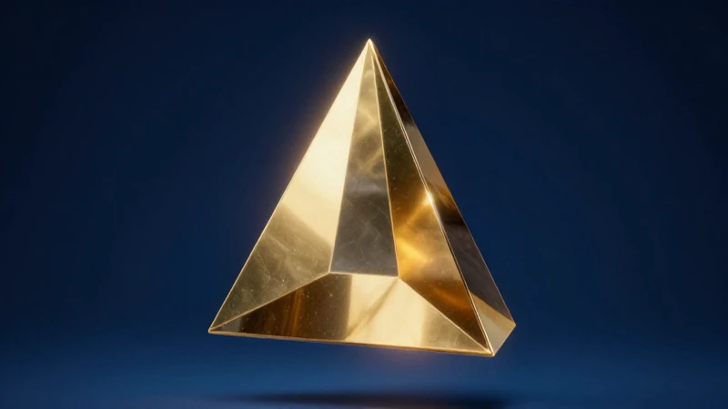 Pirámide triangular geométrica flotante en azul y oro