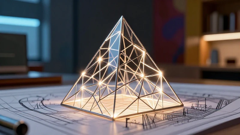 Pirámide triangular geométrica sobre plano arquitectónico