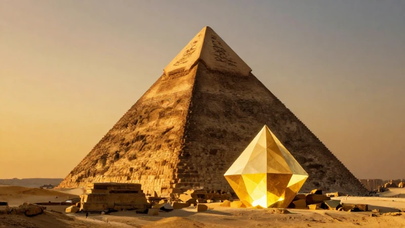 Pirámides y Prismas: Historia, Construcción y Misterios Revelados 4 Pirámide antigua y prisma dorado iluminan un desierto místico