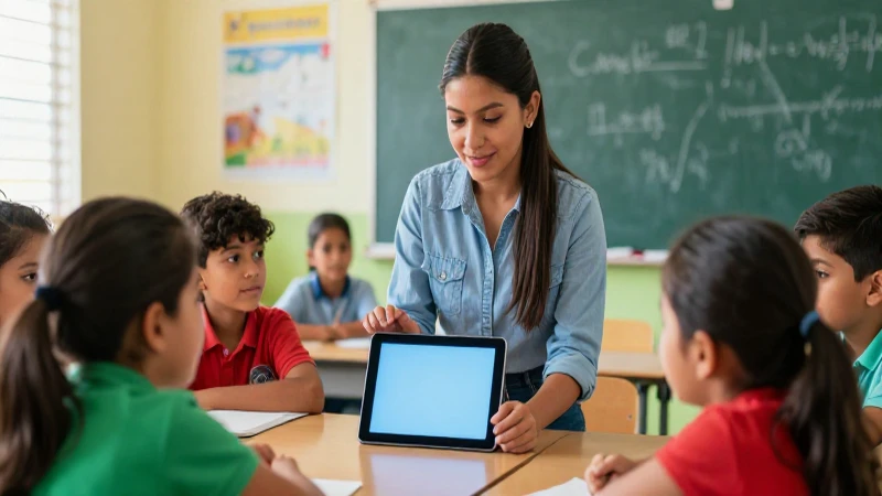 Maestra mexicana innovadora enseñando con tablet