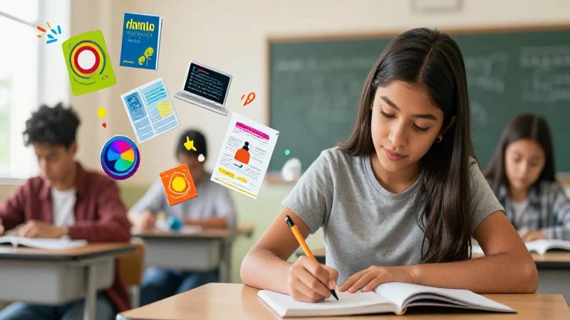 Estudiante mexicano, aula moderna, recursos flotantes vibrantes