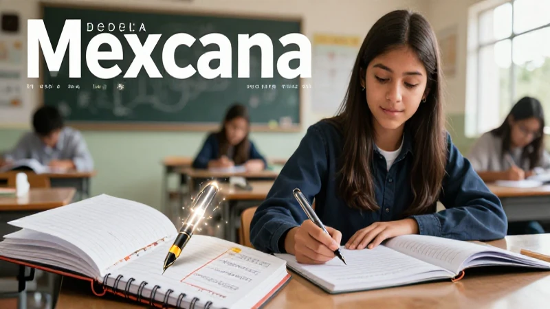 Joven estudiante en aula moderna, escribiendo con confianza