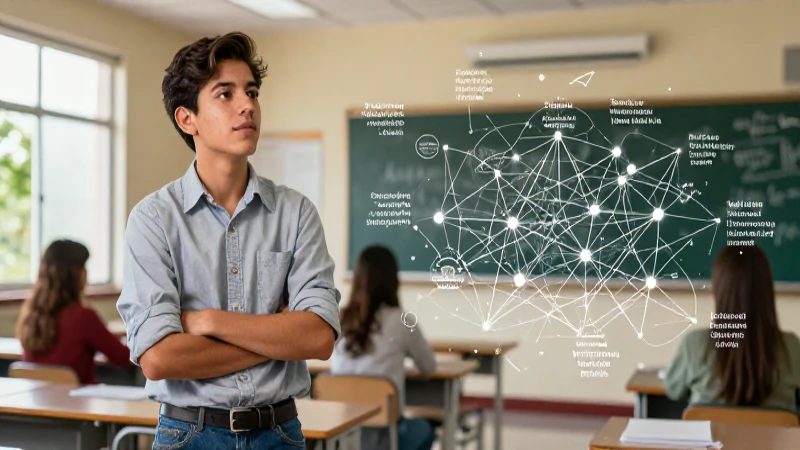 Estudiante mexicano pensativo con red de conocimiento brillante