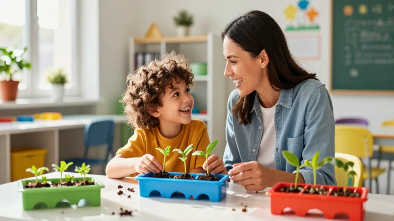 Maestra feliz interactúa con niño en aula soleada